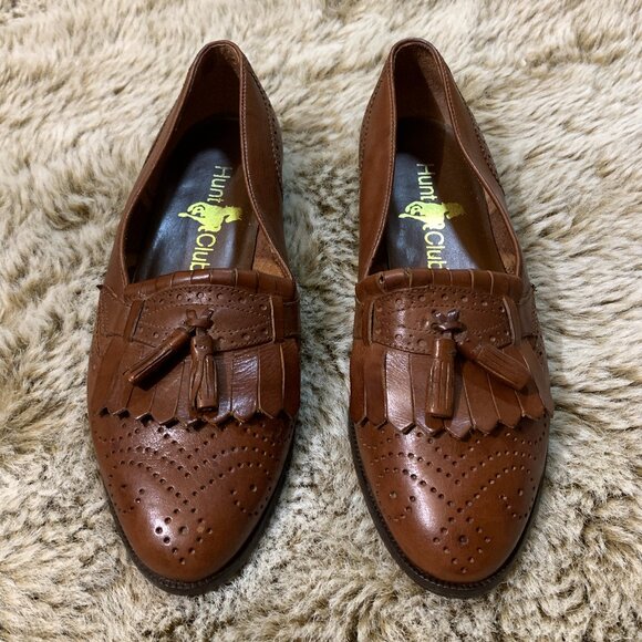 VINTAGE Hunt Club Brown Leather Kiltie Tassel Loafers Womens Size 7W - Picture 1 of 8